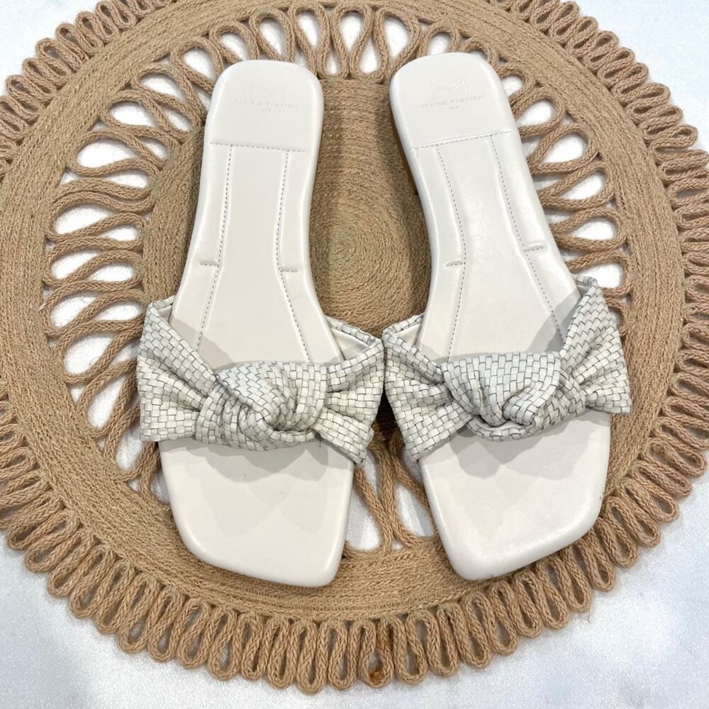 Marc Fisher LTD Marlon Leather Woven Slide Flat Sandals Ivory 9.5 - Picture 2 of 9